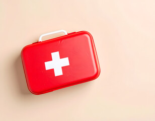Bright Red First Aid Kit with White Cross Isolated on Beige Background