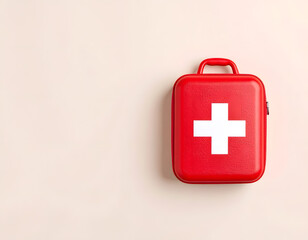 Red First Aid Kit with White Cross on Plain Background