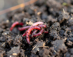 Close-Up of Earthworms on Dark Soil in Natural Environment