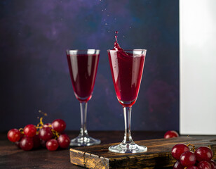 Refreshing Glasses of Red Grape Juice with Splash and Fresh Grapes