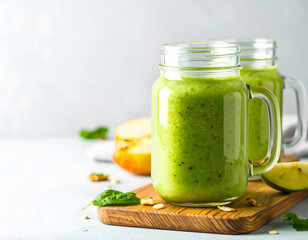 Fresh Healthy Green Smoothie in Jar with Spinach and Apple