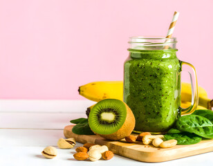Fresh Green Smoothie with Fruits and Nuts on a Wooden Board