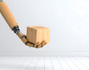 Robotic Hand Holding a Wooden Box in Minimalist Indoor Setting