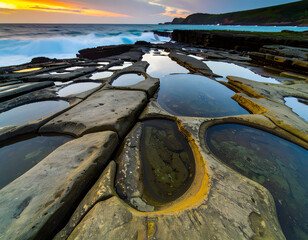 Unique Rock Formations and Tide Pools at Sunset by the Ocean