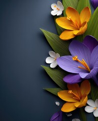 A vibrant arrangement of colorful crocuses and delicate blossoms against a sophisticated backdrop.