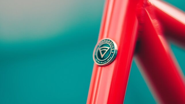 Closeup of a red bicycle frame with a circular emblem against a blurred teal background