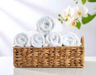 Plush White Towels Rolled in Woven Basket on Clean Background