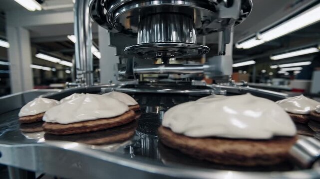 Industrial Machine Applying Frosting to Cakes in a Bakery Setting, Captured With Shallow Depth Of Field for Detailed View of the Process
