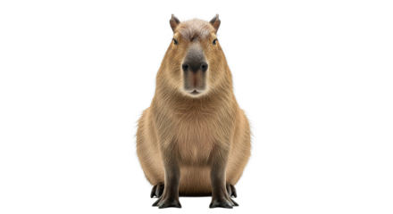 Capybara sitting upright facing forward on a plain white background studio shot.