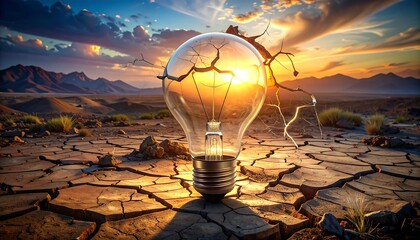 A cracked lightbulb in a cracked desert landscape at sunset