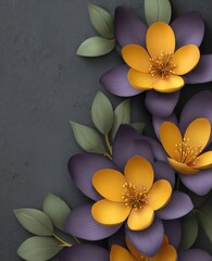 A vibrant arrangement of layered, paper flowers in deep purple and golden yellow, set against a textured dark gray background.