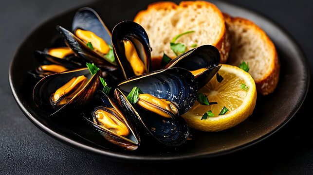 Steamed mussels served with lemon slices and crusty bread on a dark plate