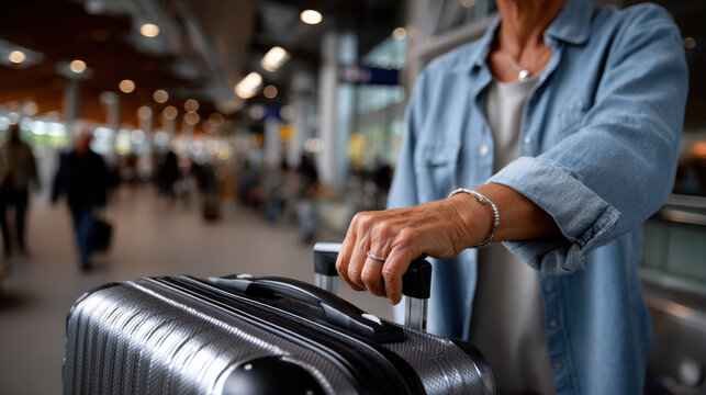 A traveler stands in a busy airport terminal with a suitcase, showcasing the excitement and anticipation of modern travel and the hustle of diverse passengers around.