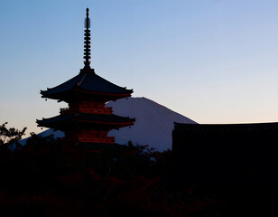 Majestic Pagoda Silhouette Against Mount Fuji at Sunset in Japan