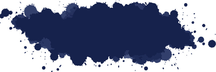 Abstract navy blue watercolor blob with splatters on a black background design