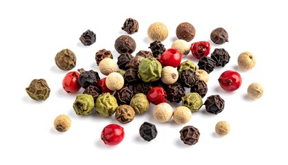 Assorted peppercorns on white background