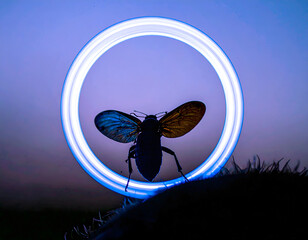 Insect Silhouette Against Circular Light at Dusk