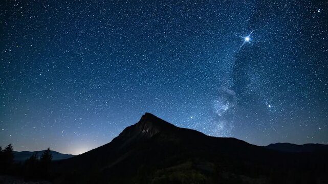 Celestial Timelapse Billions of Stars and the Milky Way Glide Across the Night Sky Above a Mountain Silhouette.