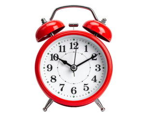 Retro red alarm clock isolated on transparent background.