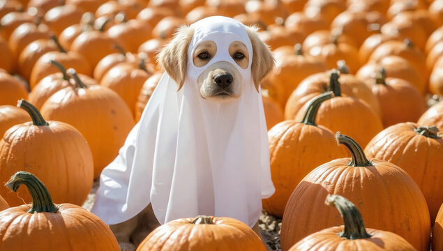 Cute Golden Retriever Puppy in Ghost Costume &ndash; Halloween Pumpkin Patch Photo