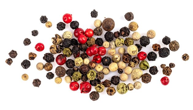 Assorted peppercorns scattered on white background