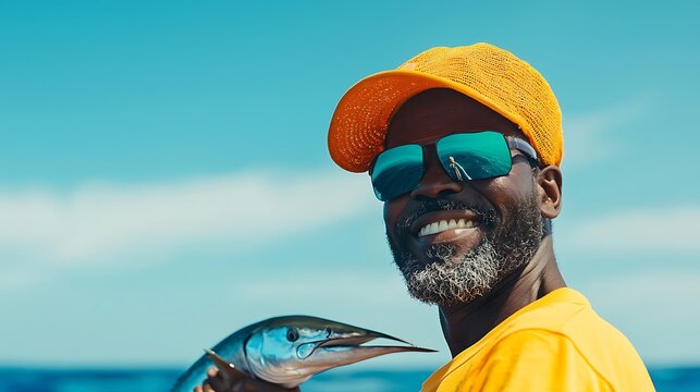Smiling fisherman proudly displays his catch on a sunny day at sea