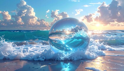 A crystal sphere rests on a beach, reflecting a sunrise over the ocean