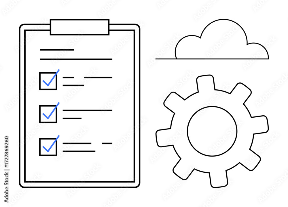 Poster clipboard with checked tasks, a gear symbol, and a cloud. ideal for productivity, task management, c