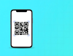 Mobile Smartphone Displaying QR Code on Bright Blue Background
