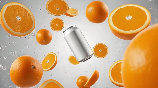 Dynamic video of a plain soda can dropping against a clean white background, surrounded by floating fresh sunkist oranges. Perfect for beverage advertising, creative commercial projects, and healthy d