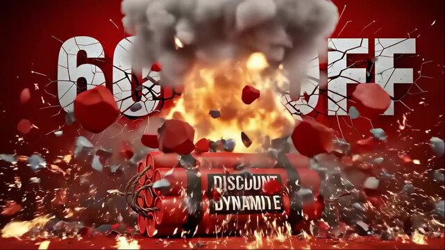 Sixty percent off with dynamite sticks and fire on a vibrant red colored studio backdrop