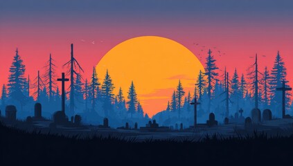 A serene, twilight scene depicts a quiet cemetery nestled within a pine forest, highlighted by a vibrant orange sunset.