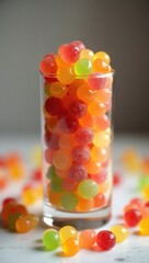 A tall clear glass overflowing with colorful, translucent gummy candies on a white surface.