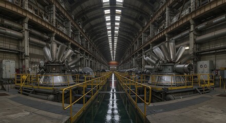Fototapeta premium Symmetrical wide-angle view of a vast industrial production hall with modern steel machinery and catwalks