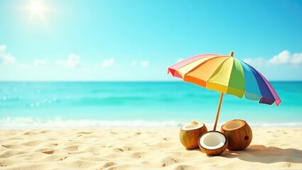 A colorful rainbow umbrella and fresh coconuts on a sunny tropical sandy beach.