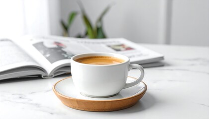 A cup of coffee on a marble table, beside open magazine