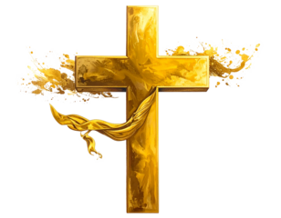 Golden cross isolated on transparent background.