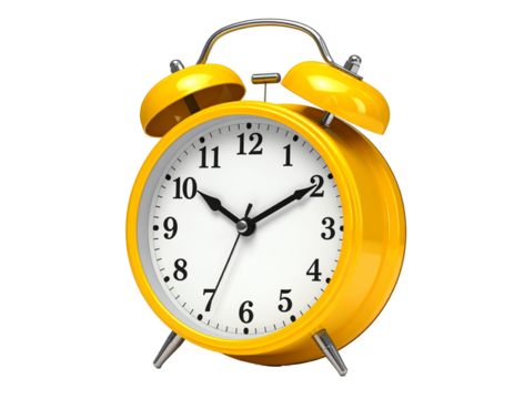 Retro yellow alarm clock isolated on transparent background.