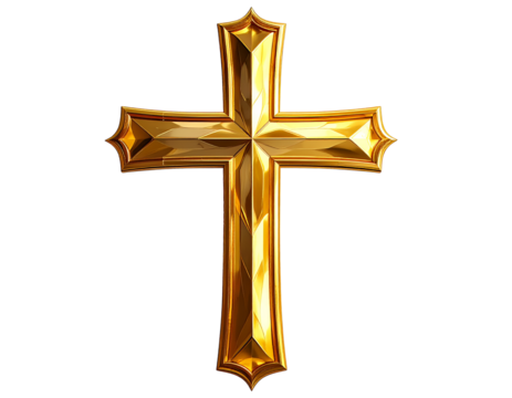 Golden cross isolated on transparent background.