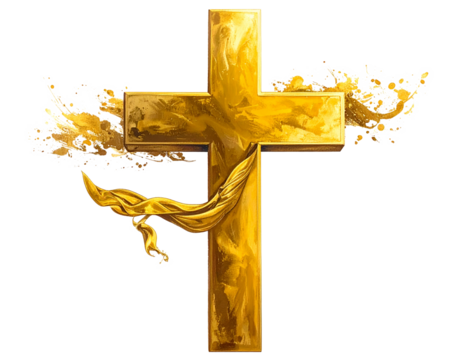 Golden cross isolated on transparent background.