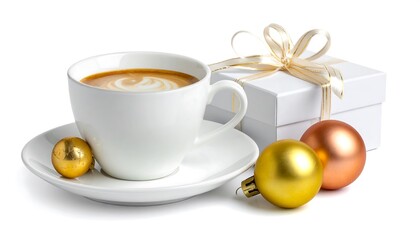 A cup of coffee with a gift box and holiday ornaments