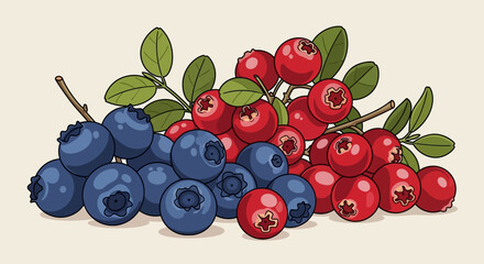 An illustration of fresh, ripe blueberries and red cranberries piled together with green leaves.