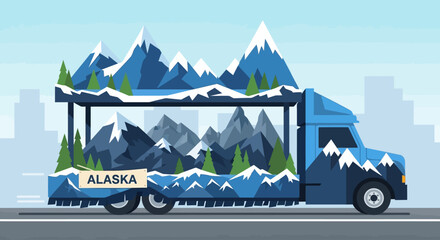 A stylized blue truck carrying a mountain range, representing Alaska, driving on a road.