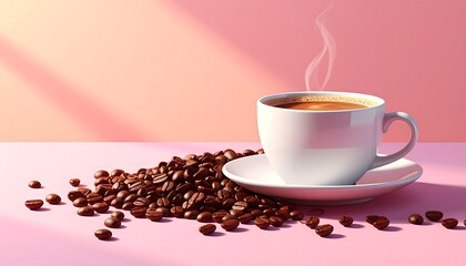 A cup of coffee with steam and coffee beans on a pink surface
