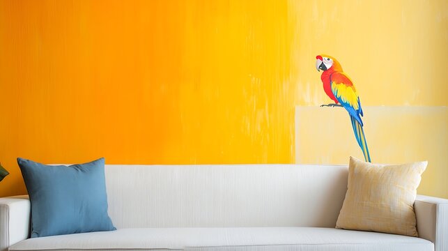 A vibrant macaw parrot perched on a branch against a colorful yellow and orange wall