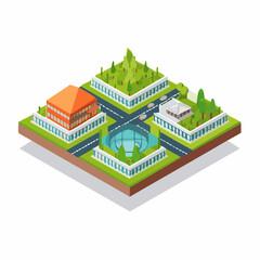 Cityscape Isometric Buildings and Green Space A Modern Urban Architecture Concept