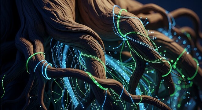 Interconnected Tree Roots with Glowing Neural Network.