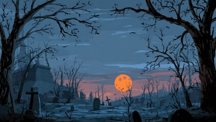 A serene, yet eerie, graveyard scene at dusk, showcasing a large, orange moon and barren, ancient trees.