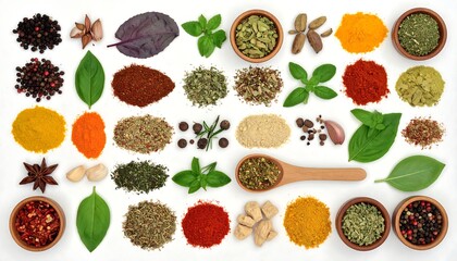 Assorted spices and herbs laid out