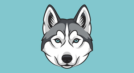 A stylized illustration of a husky dog's face with striking blue eyes and distinctive grey and white markings against a solid teal background.